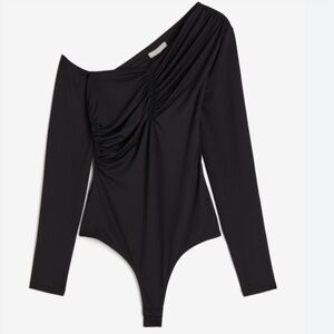 H&M Black One-Shoulder Ruched Long Sleeve Bodysuit